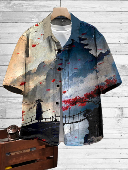 Men's Retro Japanese Art Painting Print Short Sleeve Shirt