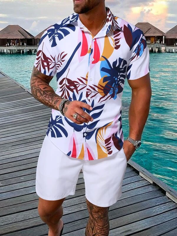 Men's Hawaiian Print Short Sleeve Shirt Set