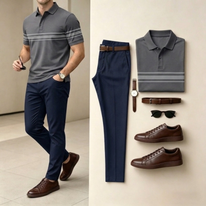 Men's Deep gray & Light Gray Color Matching Striped Printed Short Sleeved Polo Shirt & Pants Two-Piece Set