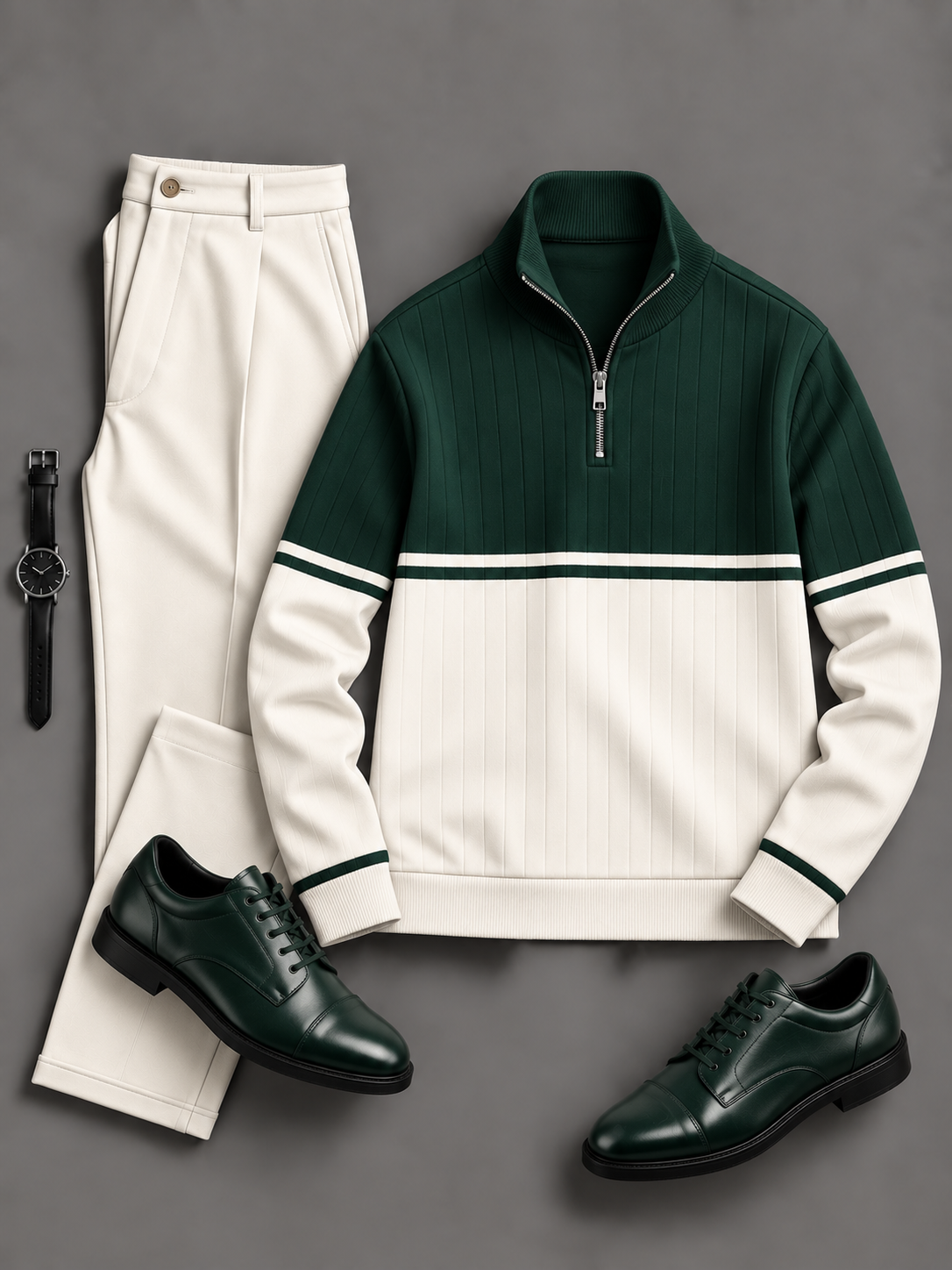 Men's Casual Color Block Quarter Zip Stand Collar Knit Sweater & Chino Pants 2-Piece Matching Outfit Set, Multiple Colors Available