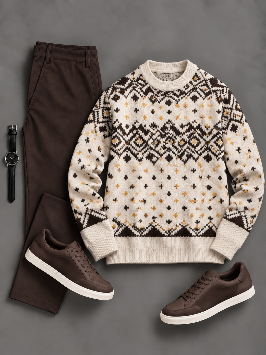 Men's Casual Geo Fair Isle Crew Neck Knit Sweater & Straight Chino Pants 2‑Piece Matching Outfit Set, Multiple Colors Available