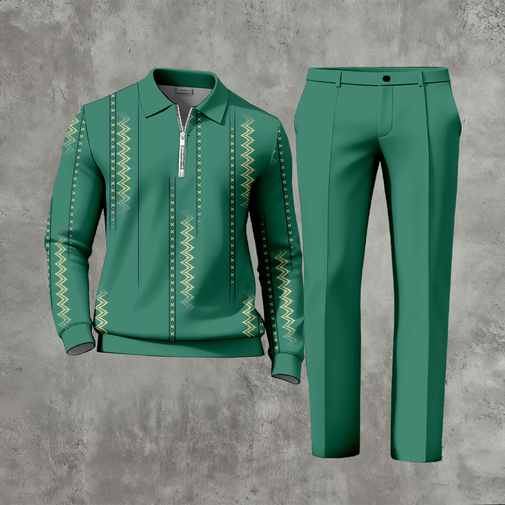 Men's Casual Green Color Matching Vintage Printed Zipper Long Sleeved Polo Shirt & Trousers Two-Piece Set