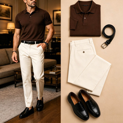 Men's Casual Coffee Brown & Off White Solid Polo Shirt And Pants Two-Piece Set