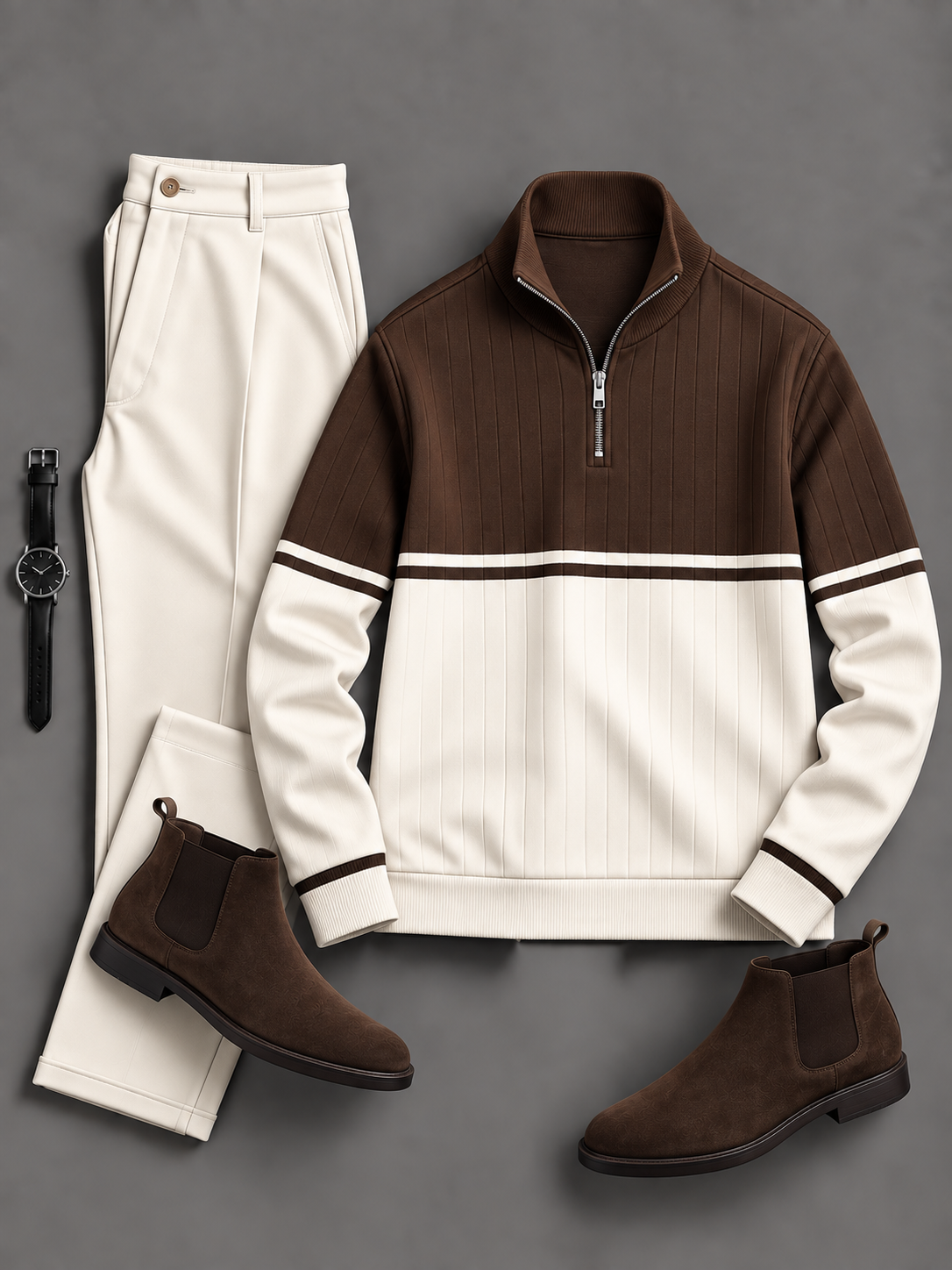 Men's Casual Color Block Quarter Zip Stand Collar Knit Sweater & Chino Pants 2-Piece Matching Outfit Set, Multiple Colors Available