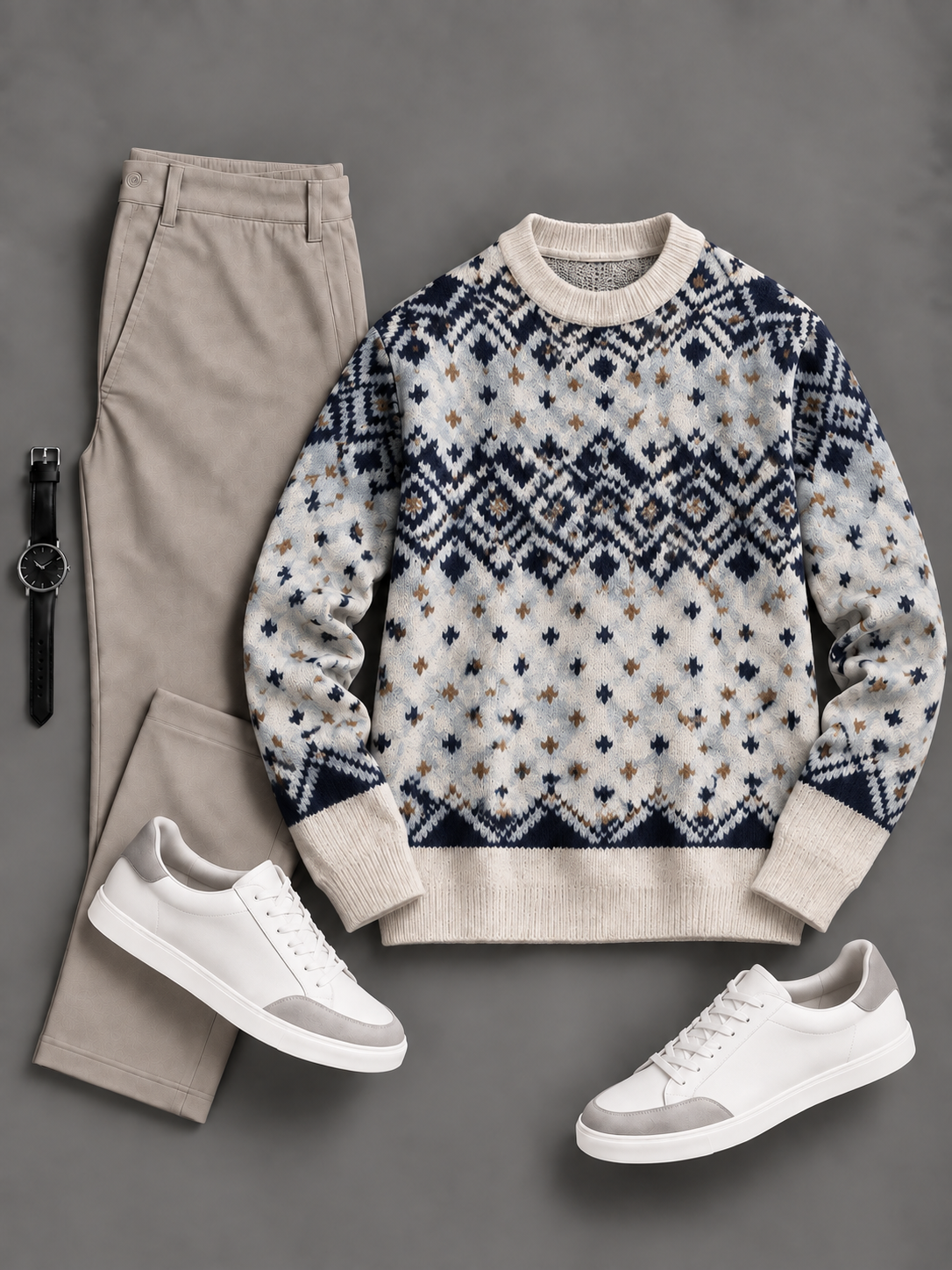 Men's Casual Geo Fair Isle Crew Neck Knit Sweater & Straight Chino Pants 2‑Piece Matching Outfit Set, Multiple Colors Available