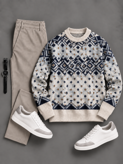 Men's Casual Geo Fair Isle Crew Neck Knit Sweater & Straight Chino Pants 2‑Piece Matching Outfit Set, Multiple Colors Available