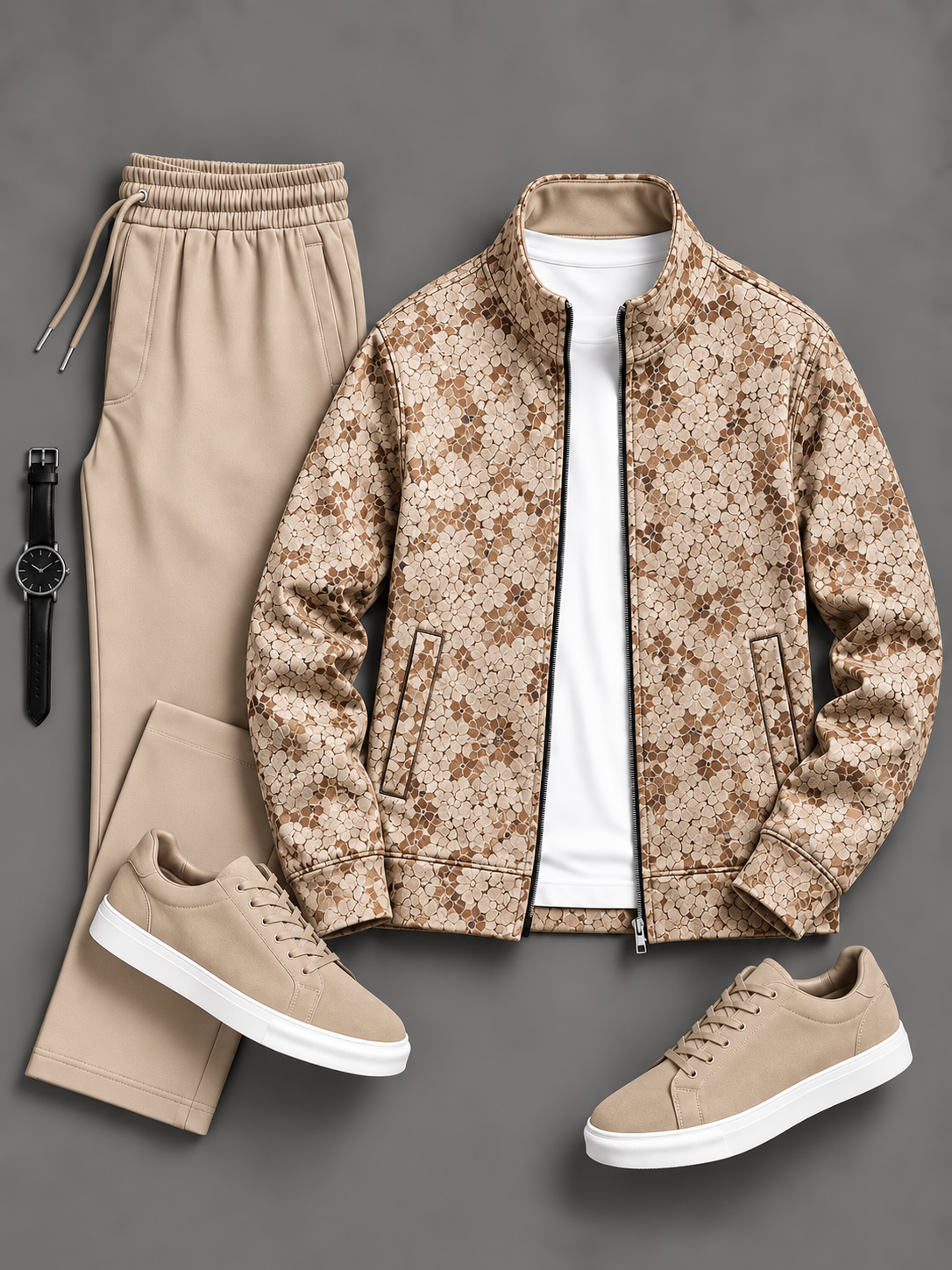 Men's Mosaic Floral Printed Zip Up Stand Collar Jacket & Drawstring Pants Two Piece Set, Multiple Colors Available