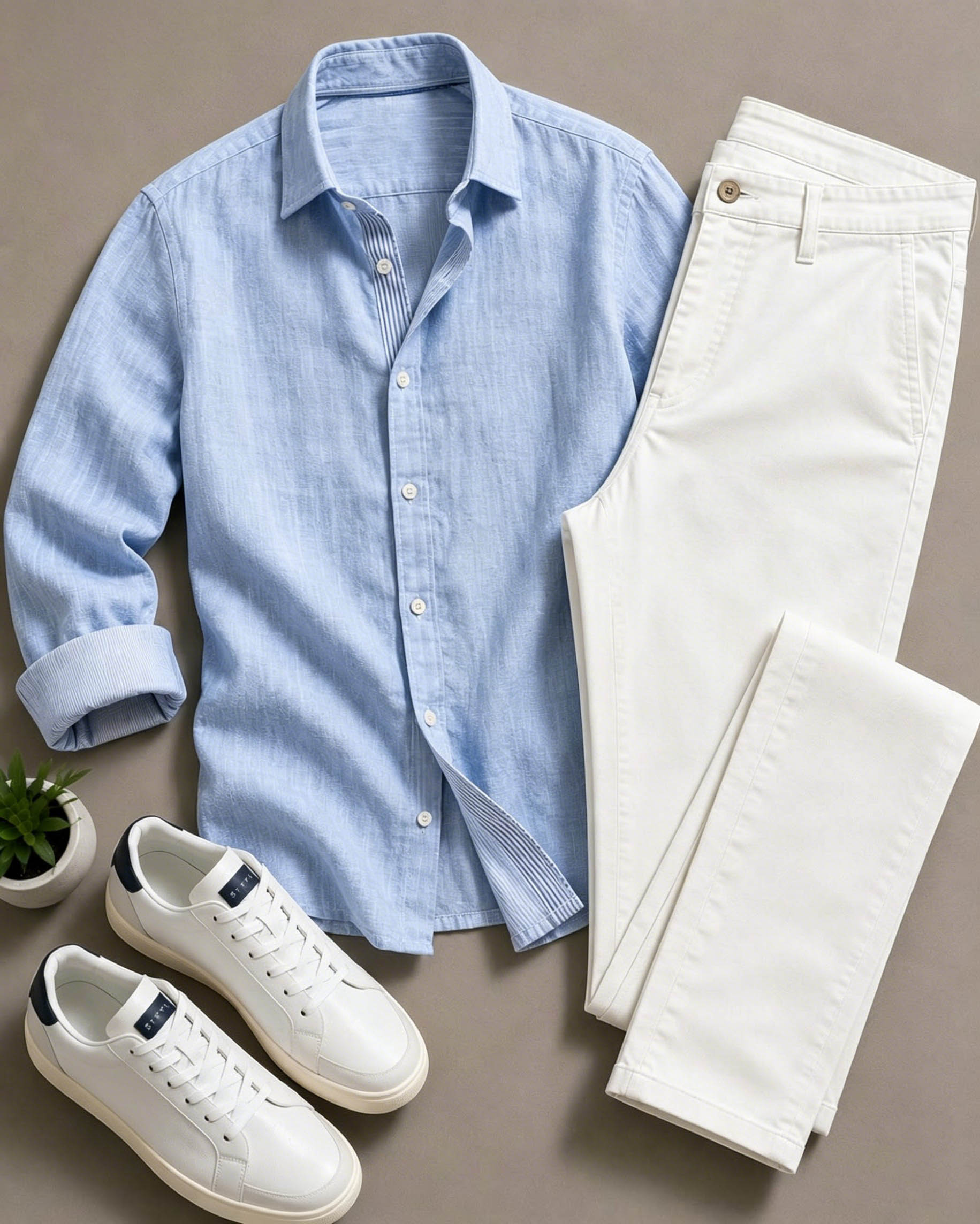 Men's Casual Light Blue Linen Solid Color Matching Long Sleeved Shirt & Trousers Two-Piece Set
