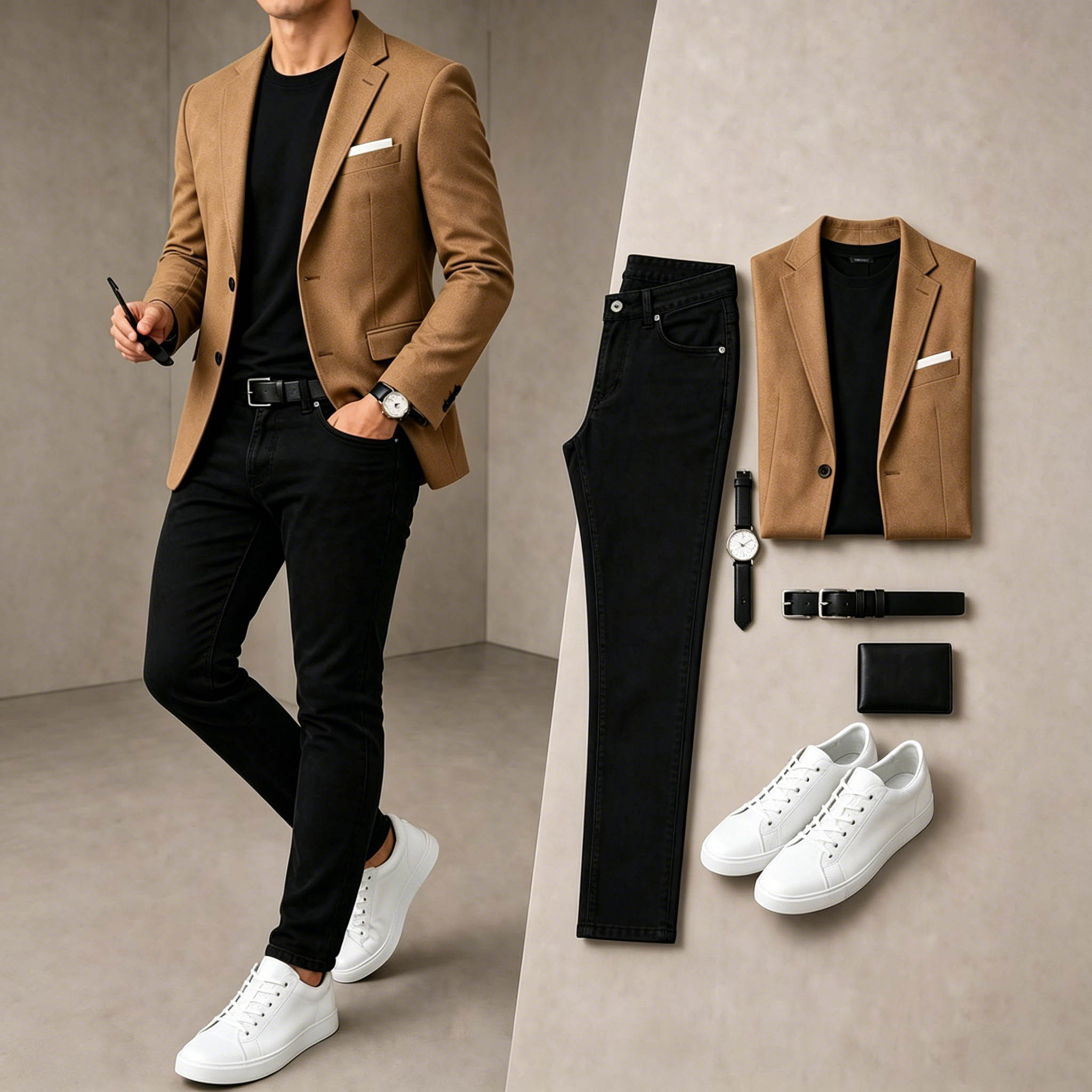 Men's Business Casual Camel & Black Color Matching Retro Style Short Sleeves T-Shirt & Pants & Blazer 3pcs Set