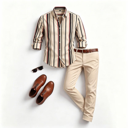 Men's Casual Khaki Color Matching Long Sleeves Shirt & Trousers Two Piece Set