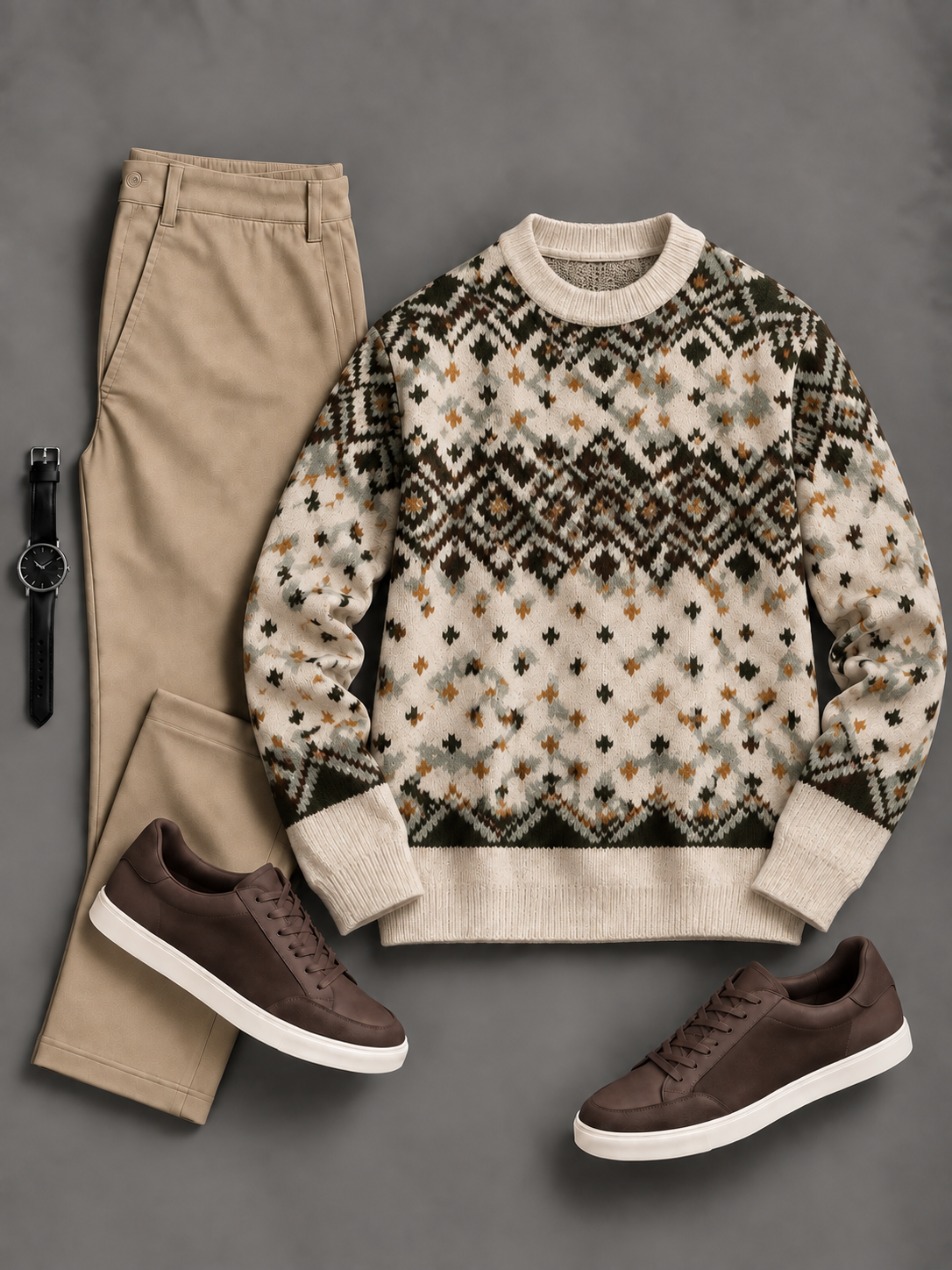 Men's Casual Geo Fair Isle Crew Neck Knit Sweater & Straight Chino Pants 2‑Piece Matching Outfit Set, Multiple Colors Available