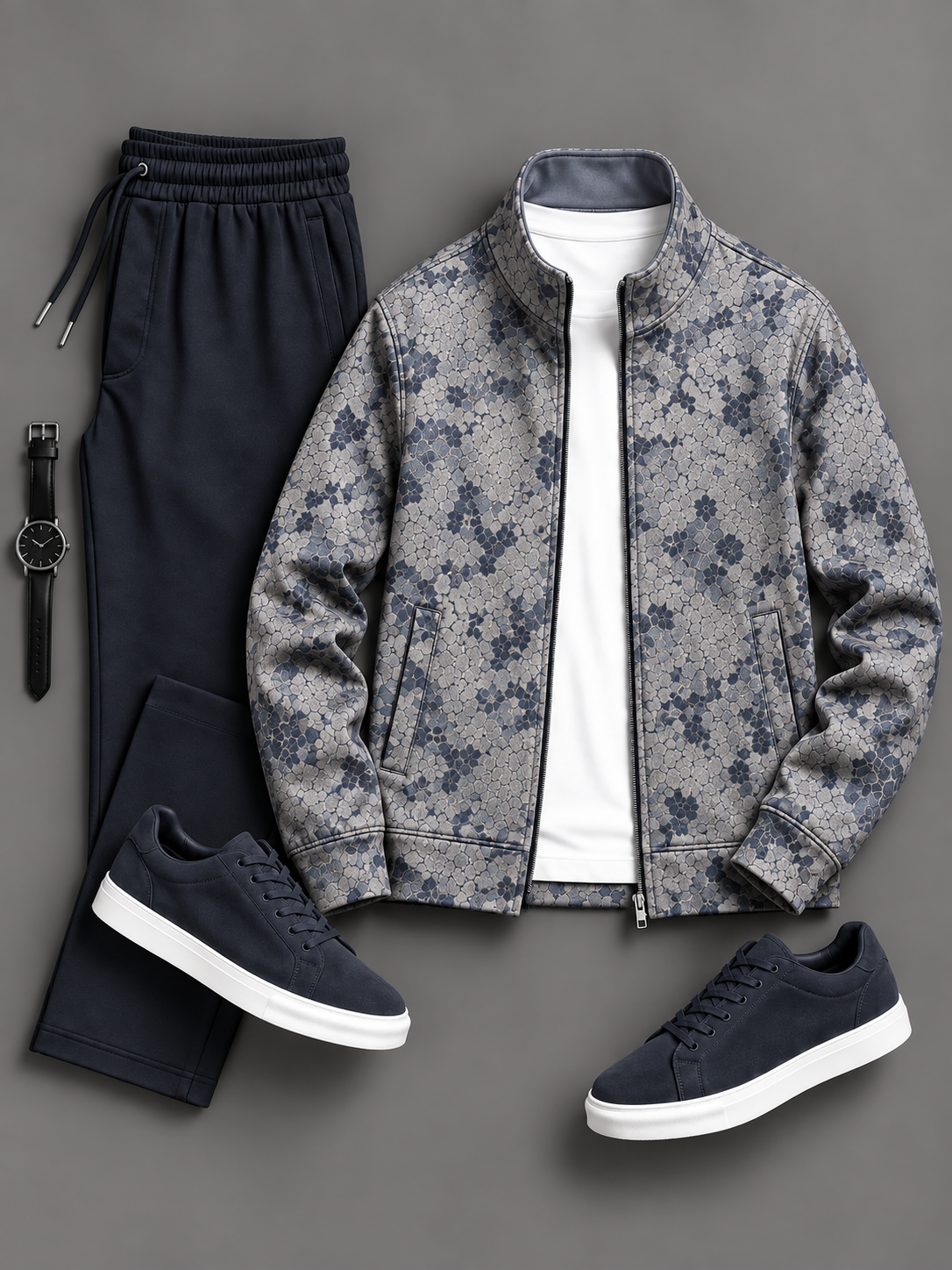Men's Mosaic Floral Printed Zip Up Stand Collar Jacket & Drawstring Pants Two Piece Set, Multiple Colors Available