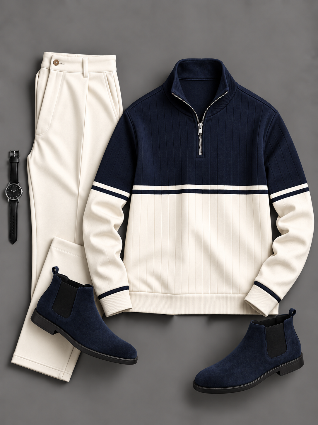 Men's Casual Color Block Quarter Zip Stand Collar Knit Sweater & Chino Pants 2-Piece Matching Outfit Set, Multiple Colors Available