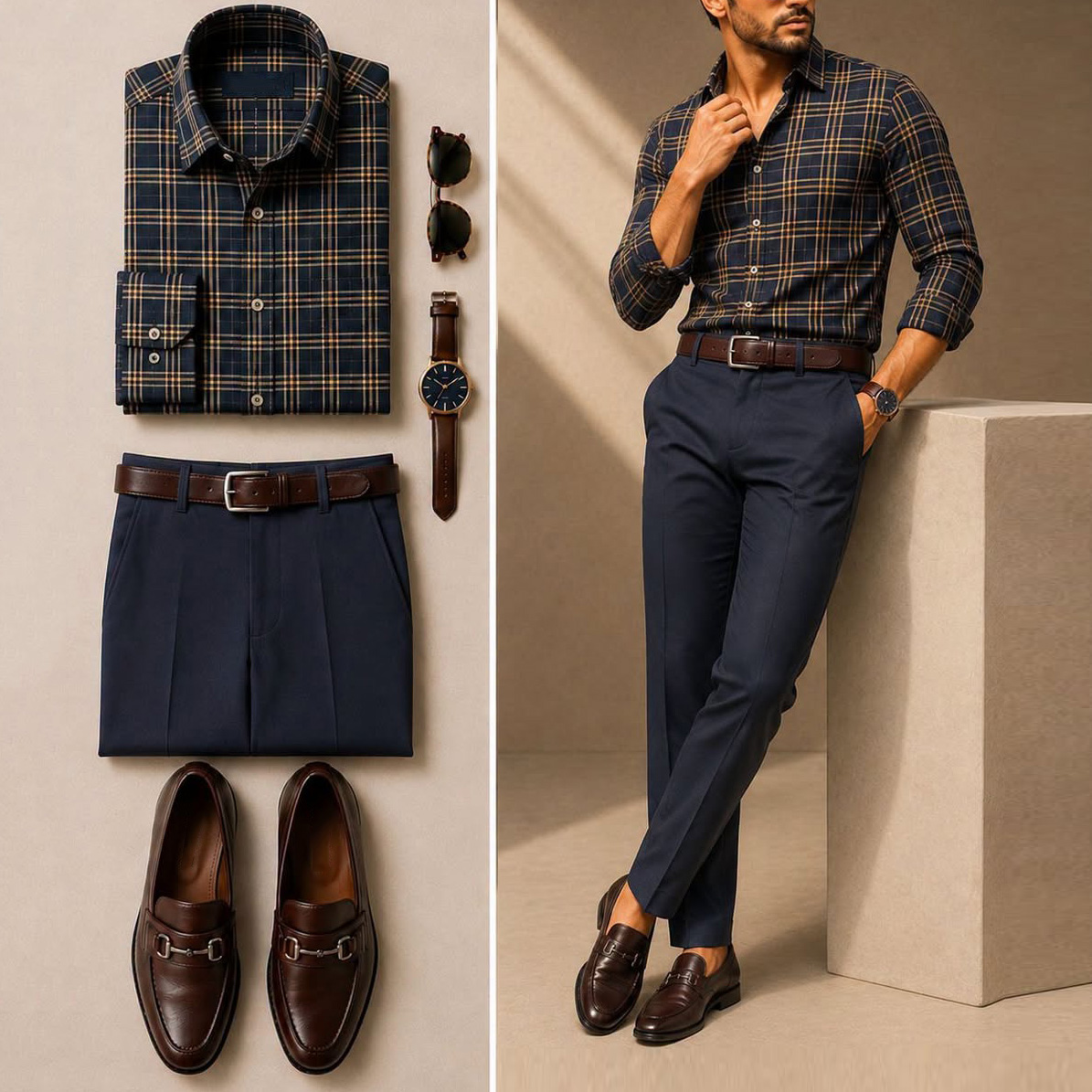 Men's Casual Navy Yellow Plaid Printed Long Sleeve Shirt & Navy Chino Pants Two-Piece Set
