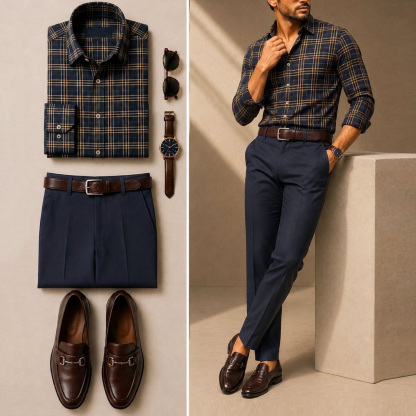 Men's Casual Navy Yellow Plaid Printed Long Sleeve Shirt & Navy Chino Pants Two-Piece Set