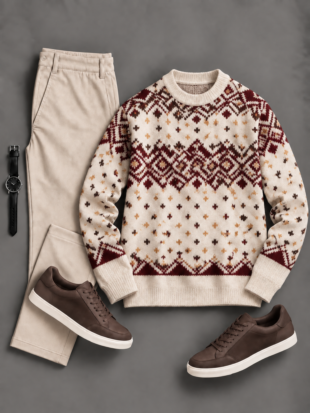 Men's Casual Geo Fair Isle Crew Neck Knit Sweater & Straight Chino Pants 2‑Piece Matching Outfit Set, Multiple Colors Available