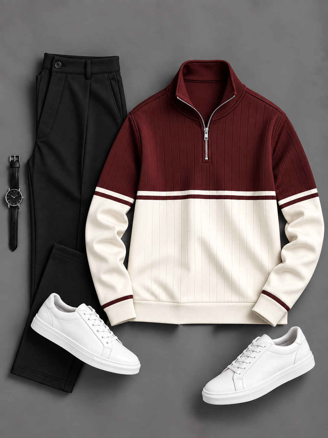 Men's Casual Color Block Quarter Zip Stand Collar Knit Sweater & Chino Pants 2-Piece Matching Outfit Set, Multiple Colors Available