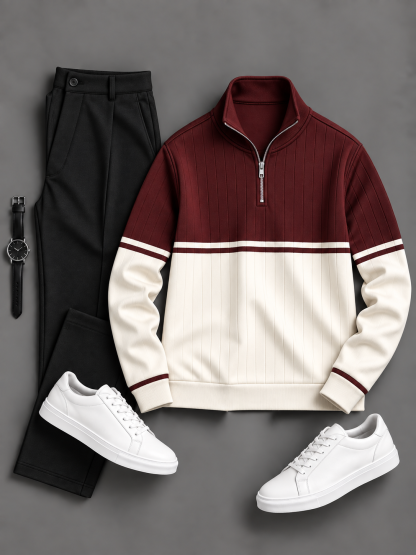 Men's Casual Color Block Quarter Zip Stand Collar Knit Sweater & Chino Pants 2-Piece Matching Outfit Set, Multiple Colors Available