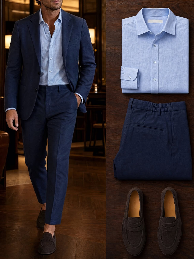 Men's Business Navy Blue & Light Blue Long Sleeves Shirt & Pants & Blazer 3pcs Set