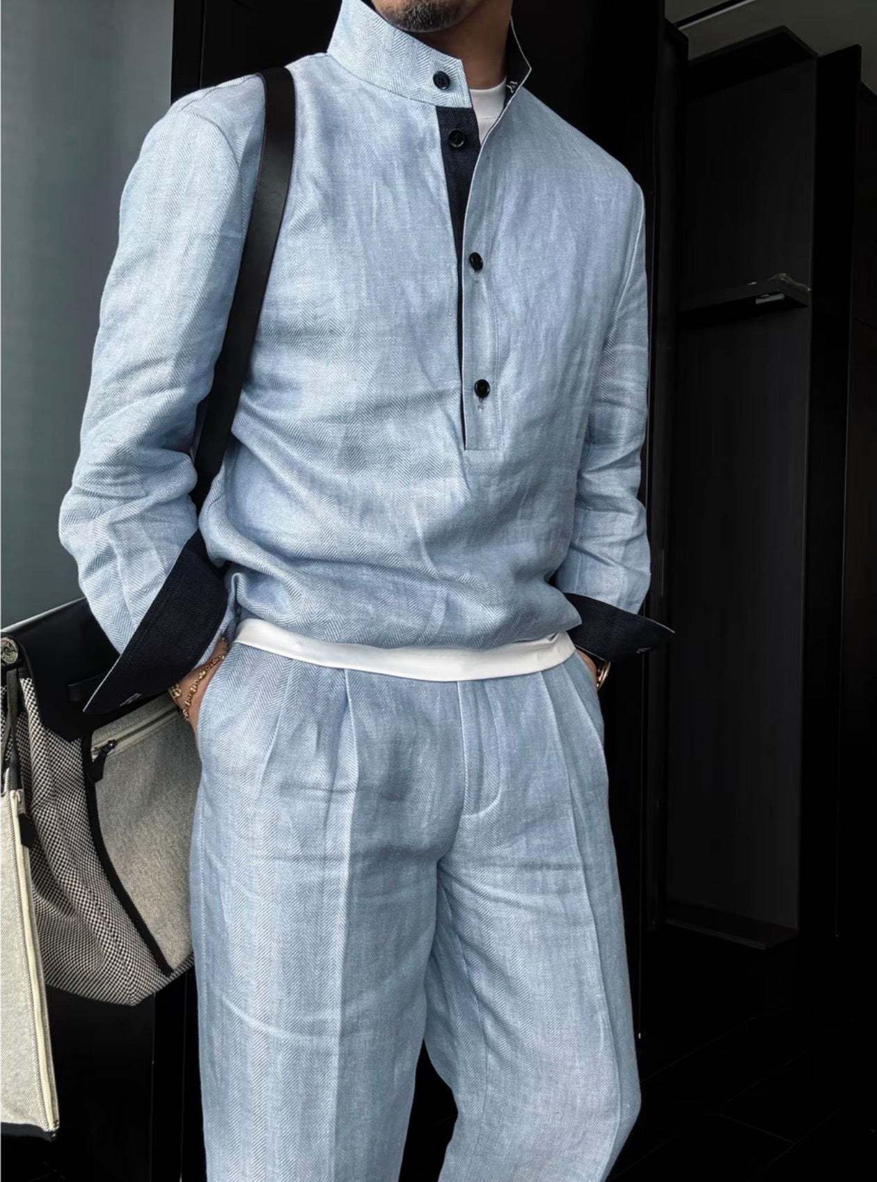 Premium Linen Mandarin Collar Suit-Sky Blue