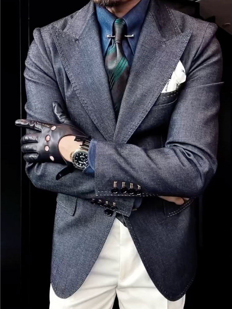 Men's Navy Blue Denim Long Sleeves Blazer