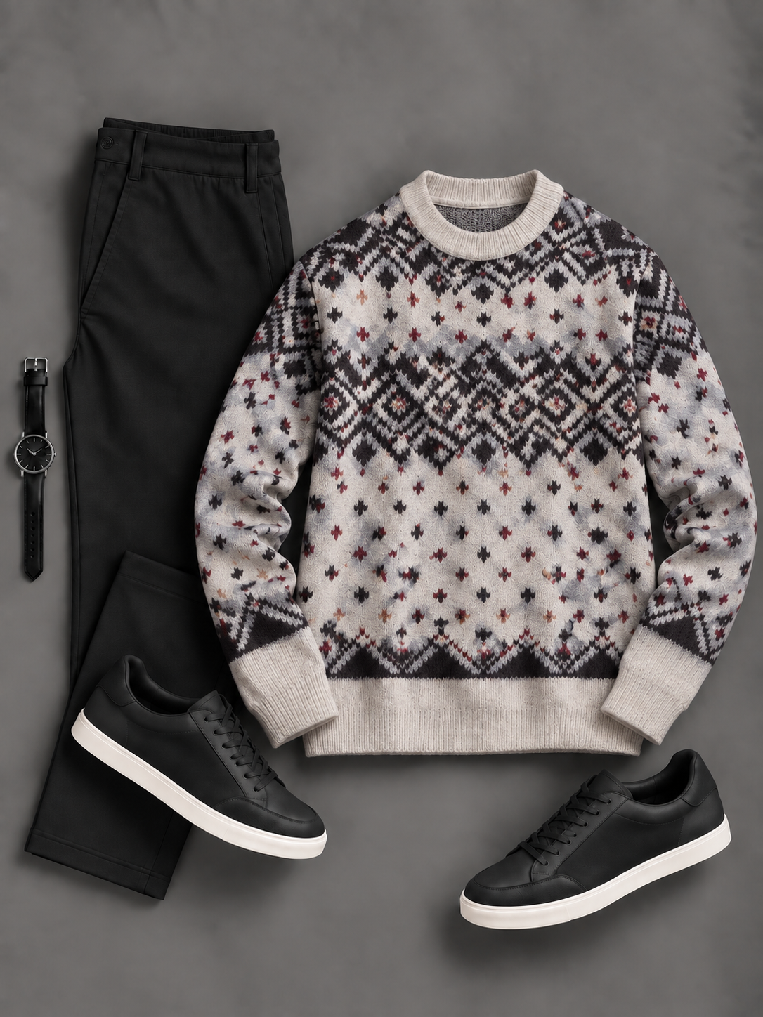 Men's Casual Geo Fair Isle Crew Neck Knit Sweater & Straight Chino Pants 2‑Piece Matching Outfit Set, Multiple Colors Available