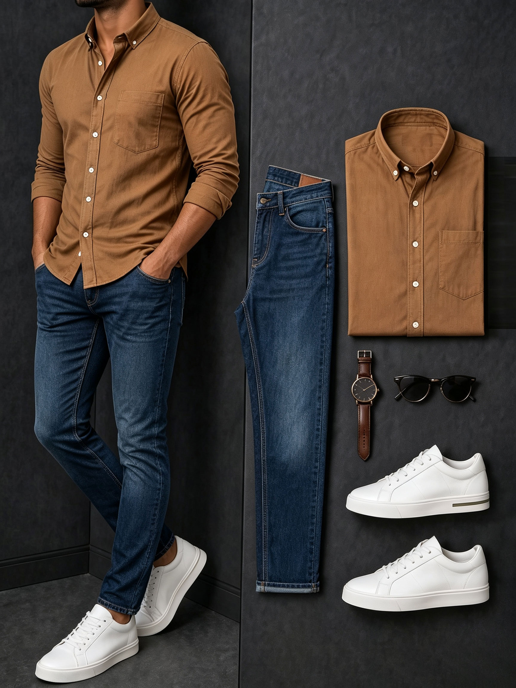 Men's Casual Orange Long Sleeves Shirt & Navy Blue Jeans Pants Two Piece Set