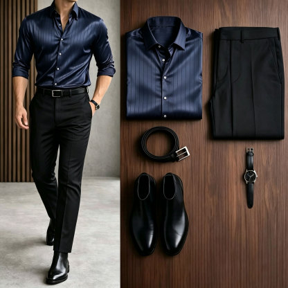 Men's Casual Multi Color Long Sleeve Shirt & Khaki Chino Pants Two-Piece Set