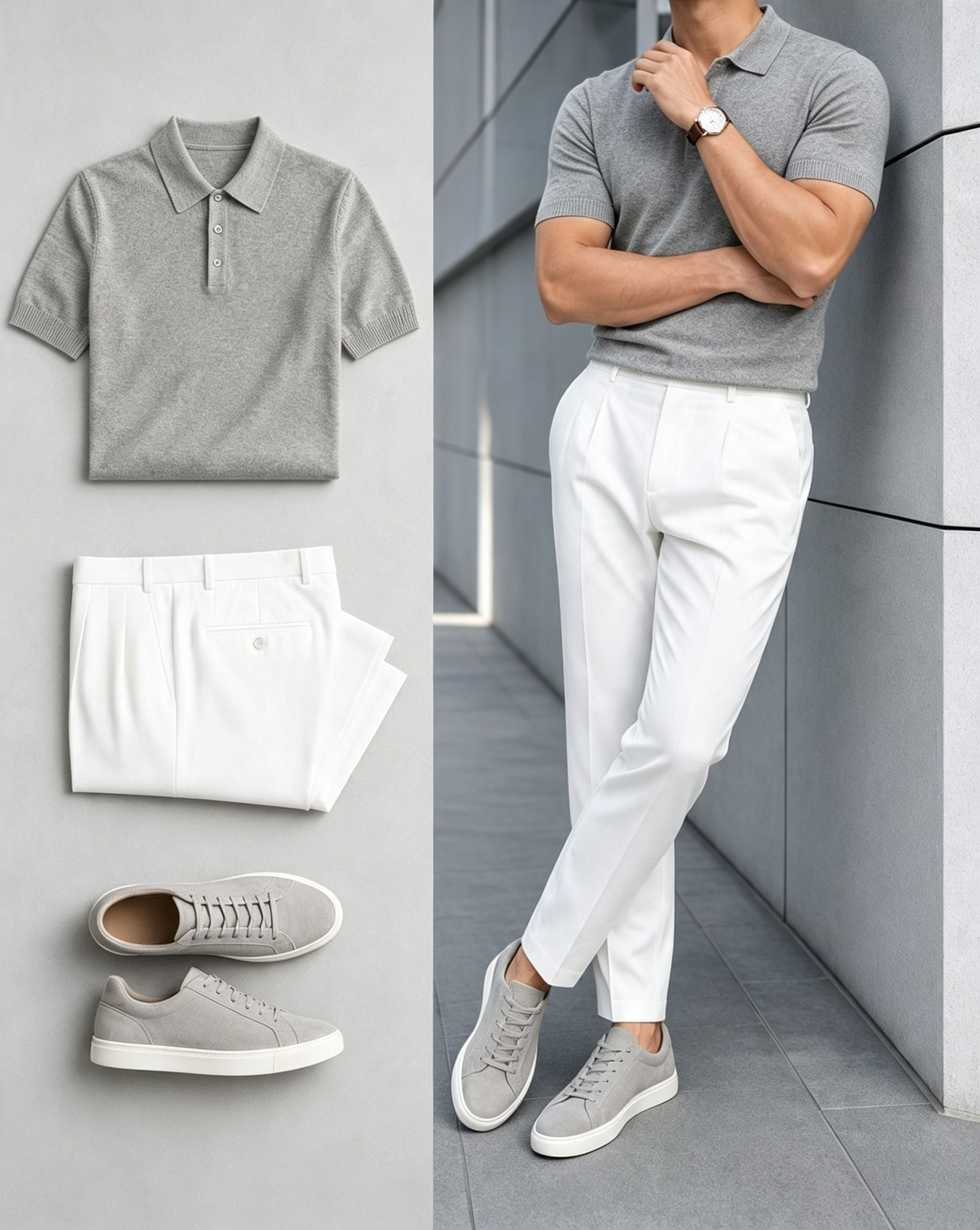Men's Gray Short Sleeves Polo Shirt & White Chino Pants Two-Piece Set