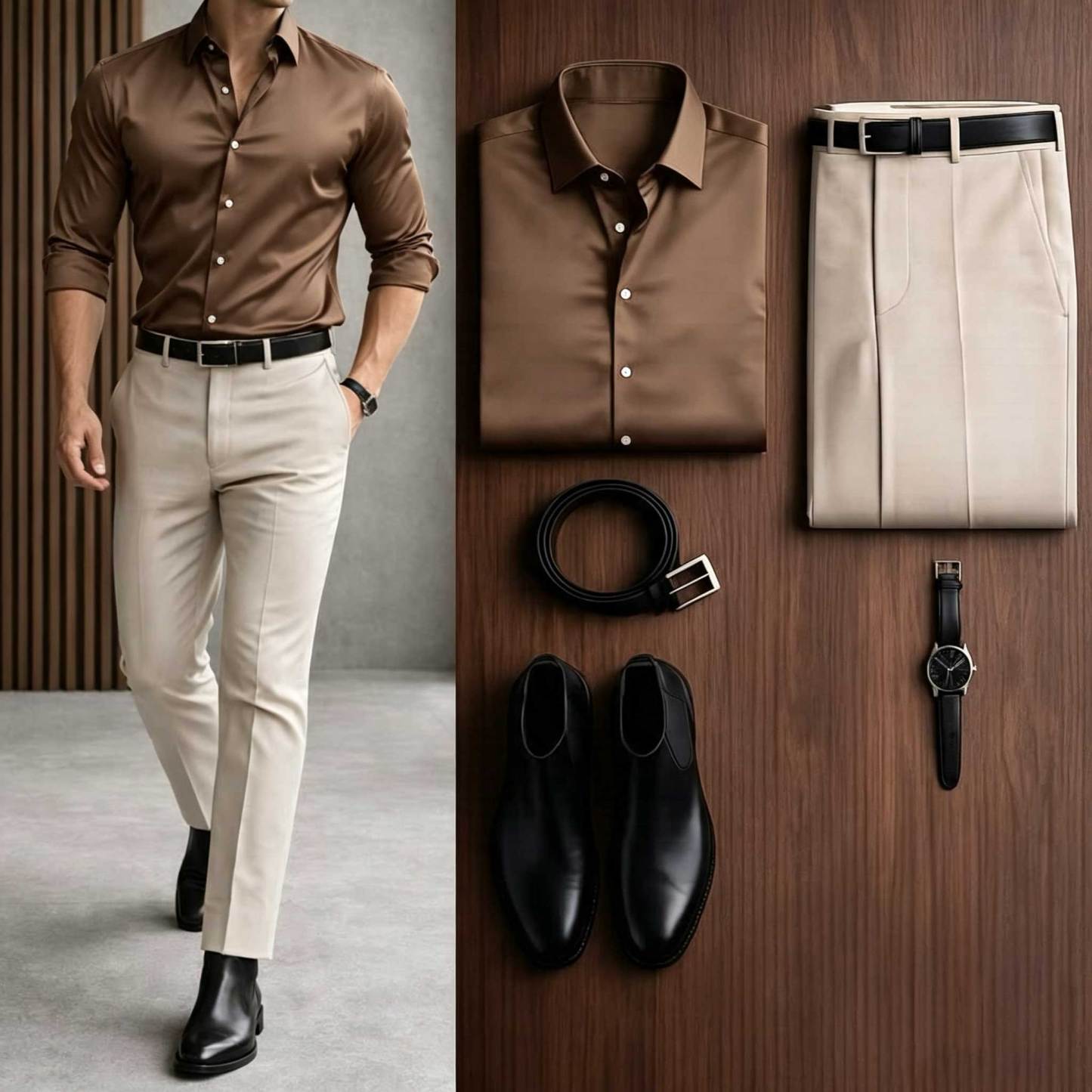 Men's Casual Black Long Sleeve Shirt & Khaki Chino Pants Two-Piece Set