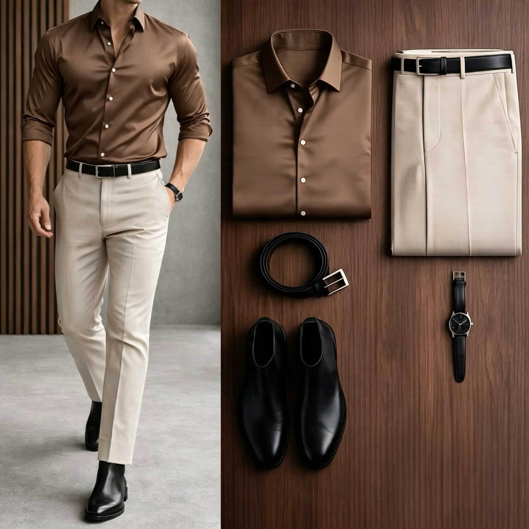 Men's Casual Black Long Sleeve Shirt & Khaki Chino Pants Two-Piece Set