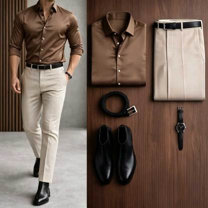Men's Casual Black Long Sleeve Shirt & Khaki Chino Pants Two-Piece Set