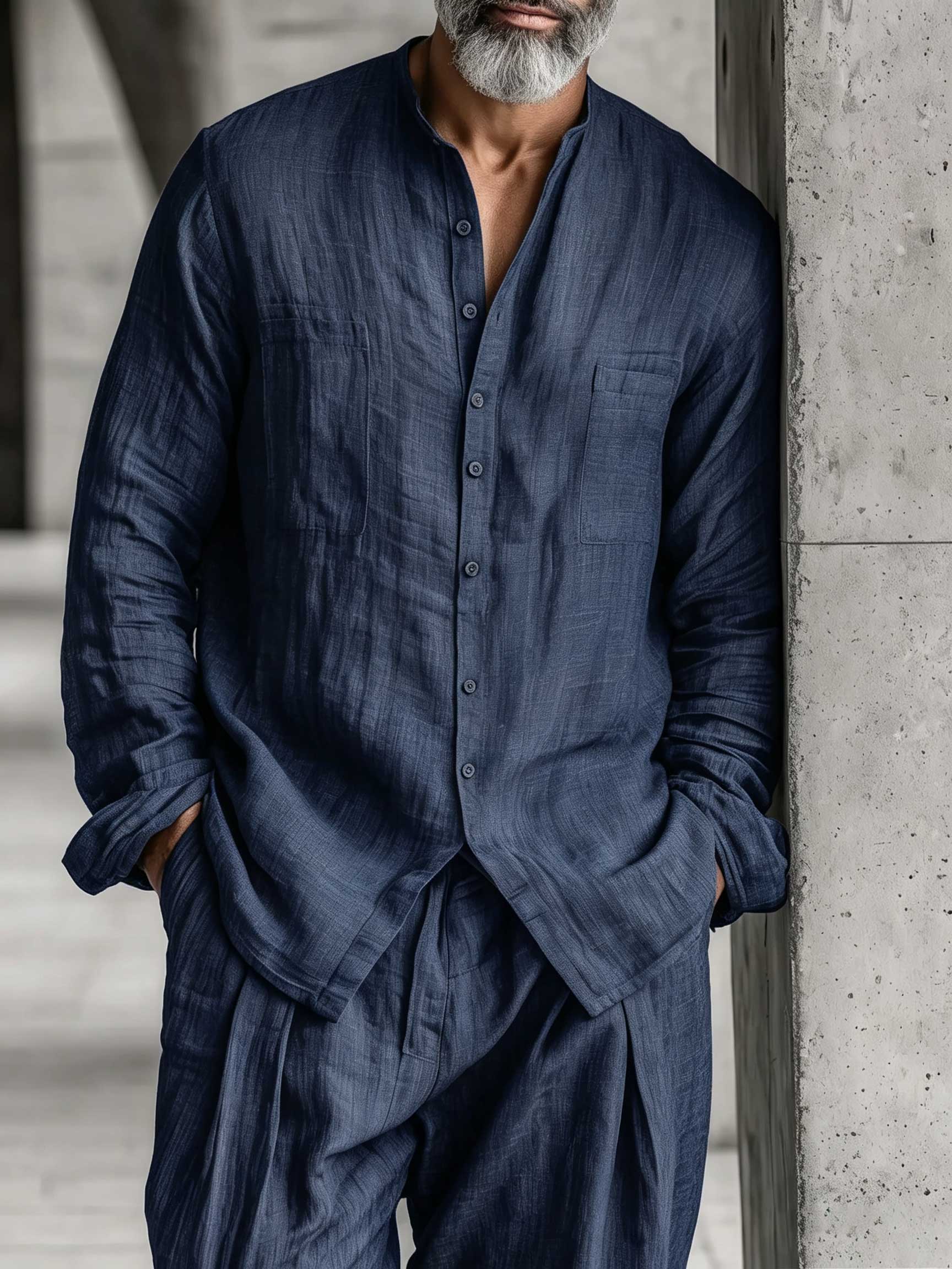 Men's Cotton Linen Long Sleeved Trousers And Shirt Set