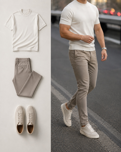 Men's Casual Color Matching Beige Short Sleeves T-Shirt & Khaki Trousers Two Piece Set