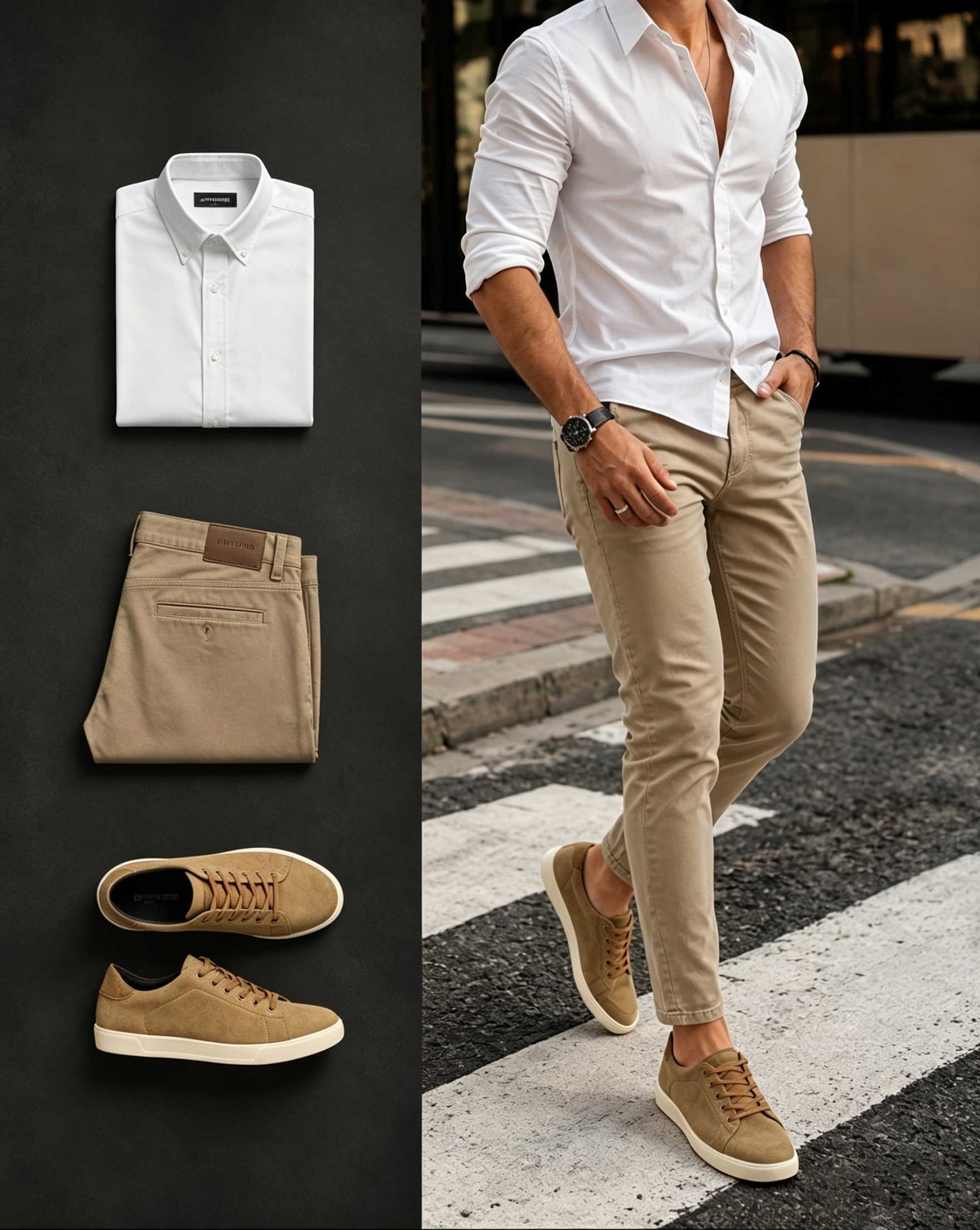 Men's Casual White Long Sleeve Shirt & Khaki Pants Two-Piece Set