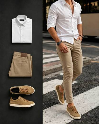 Men's Casual White Long Sleeve Shirt & Khaki Pants Two-Piece Set