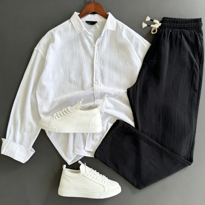 Men's Casual Daily Long Sleeved Button Down Shirt & Elastic Waist Trousers Two‑Piece Set