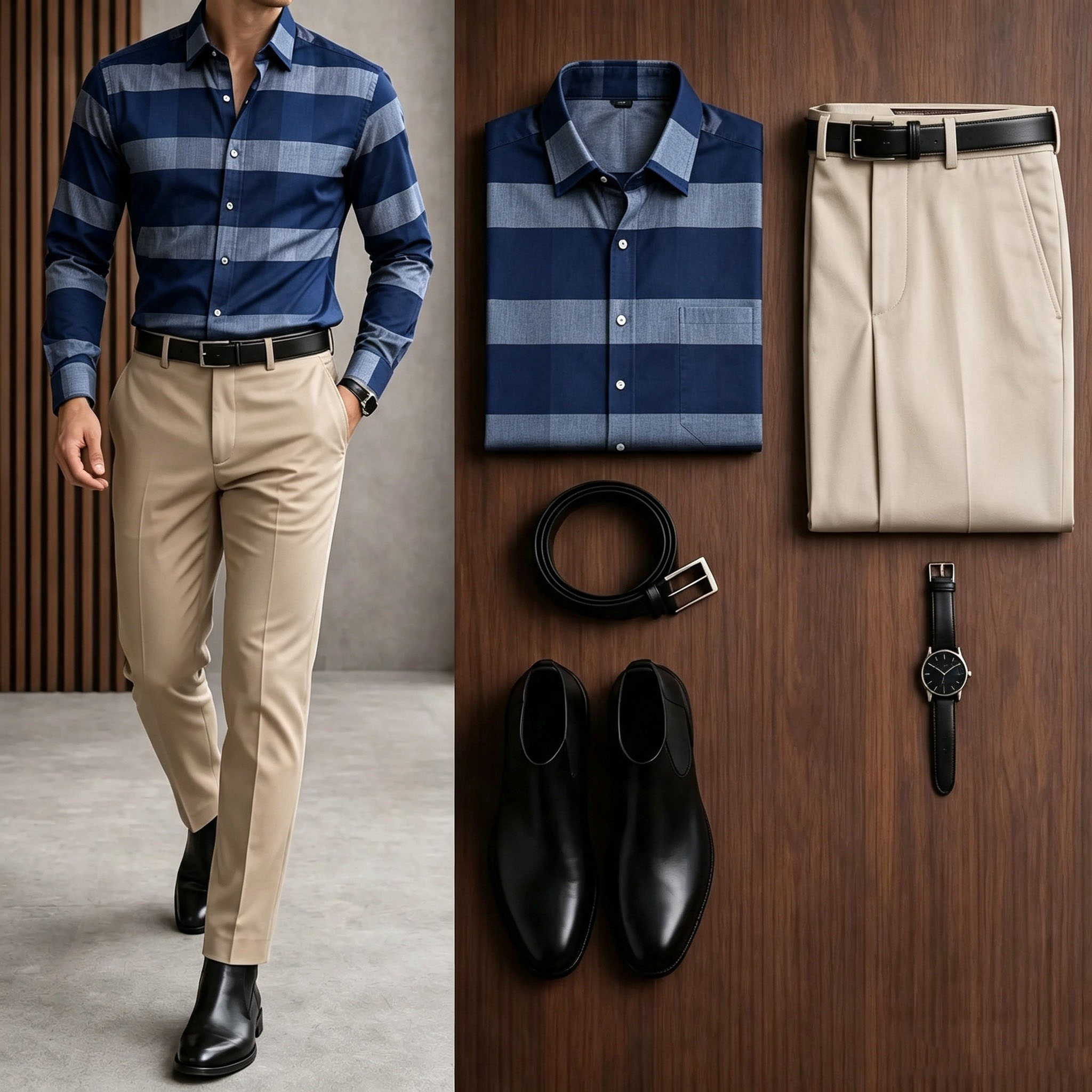 Men's Blue Plaid Long Sleeves Shirt & Beige Chinos Pants Two-Piece Set