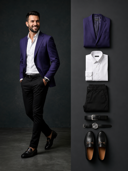 Men's Purple Single‑Breasted Blazer, Dress Shirt & Black Chino Pants 3‑Piece Matching Outfit Set