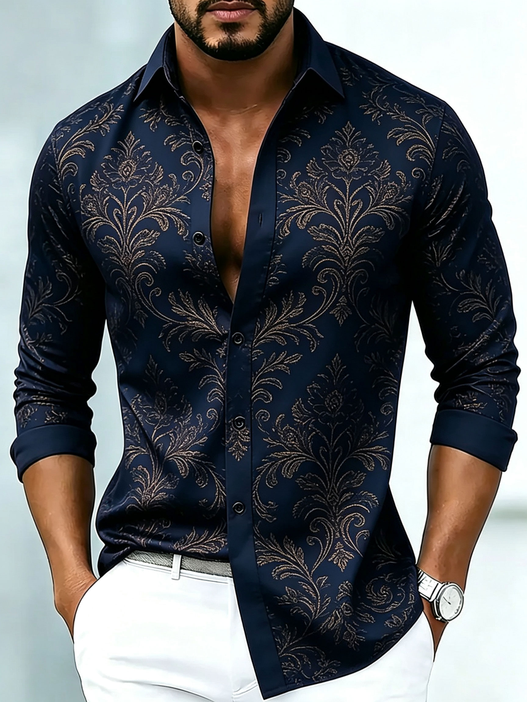 Men's Luxury Business Floral Print Long-Sleeve Shirt