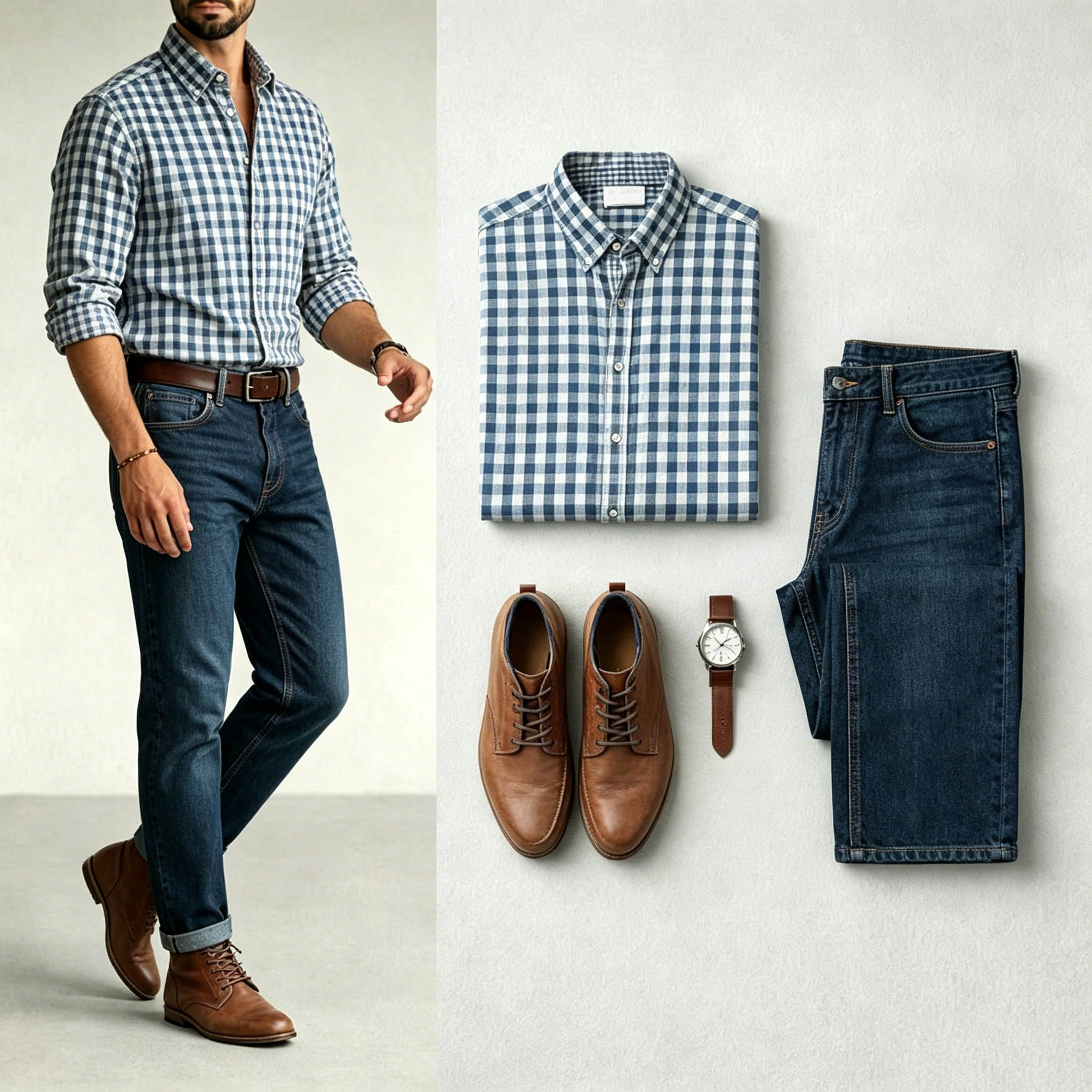 Men's Blue White & Dark Blue Color Matching Retro Style Plaid Printed Lapel Collar Long Sleeves Shirt & Jeans Two-Piece Set