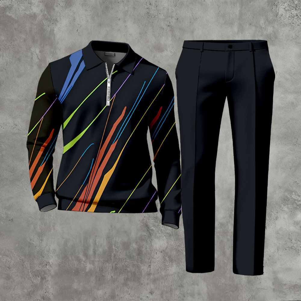Men's Casual Navy Blue & Multi Color Matching Printed Zipper Long Sleeved Polo Shirt & Trousers Two-Piece Set