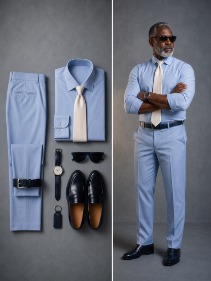Men's Light Sky Blue Blazer And Matching Dress Pants 2‑Piece Suit Set