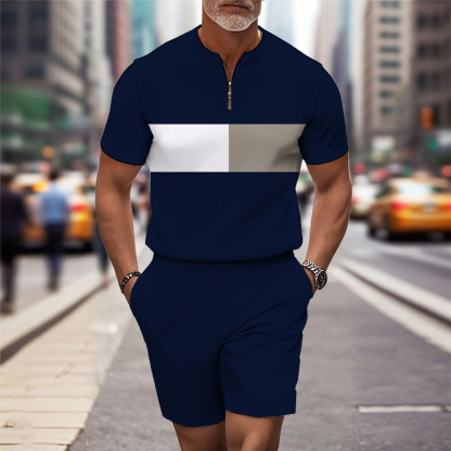 Men's Fashion Casual Round-Neck Navy Blue Geometric Printed Short-Sleeved Two-Piece Set