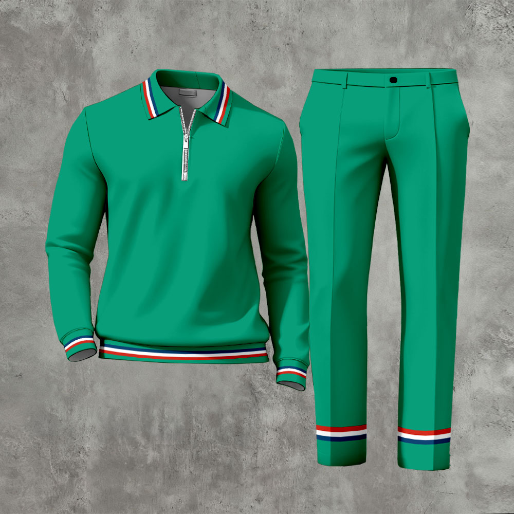 Men's Casual Green Color Matching Printed Zipper Long Sleeved Polo Shirt & Trousers Two-Piece Set