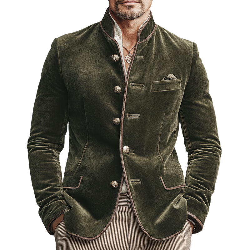 Men's Vintage Velvet Embroidered Lines Stand-collar Slim-fit Jacket