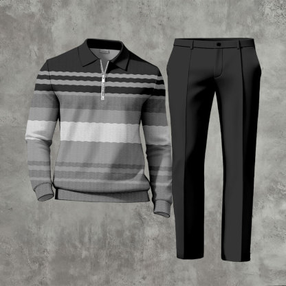 Men's Casual Black & Dark Gray Color Matching Striped Printed Zipper Long Sleeved Polo Shirt & Trousers Two-Piece Set