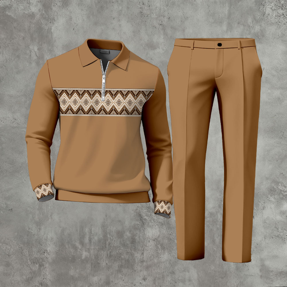 Men's Casual Brown Color Matching Vintage Pattenr Zipper Long Sleeved Polo Shirt & Trousers Two-Piece Set