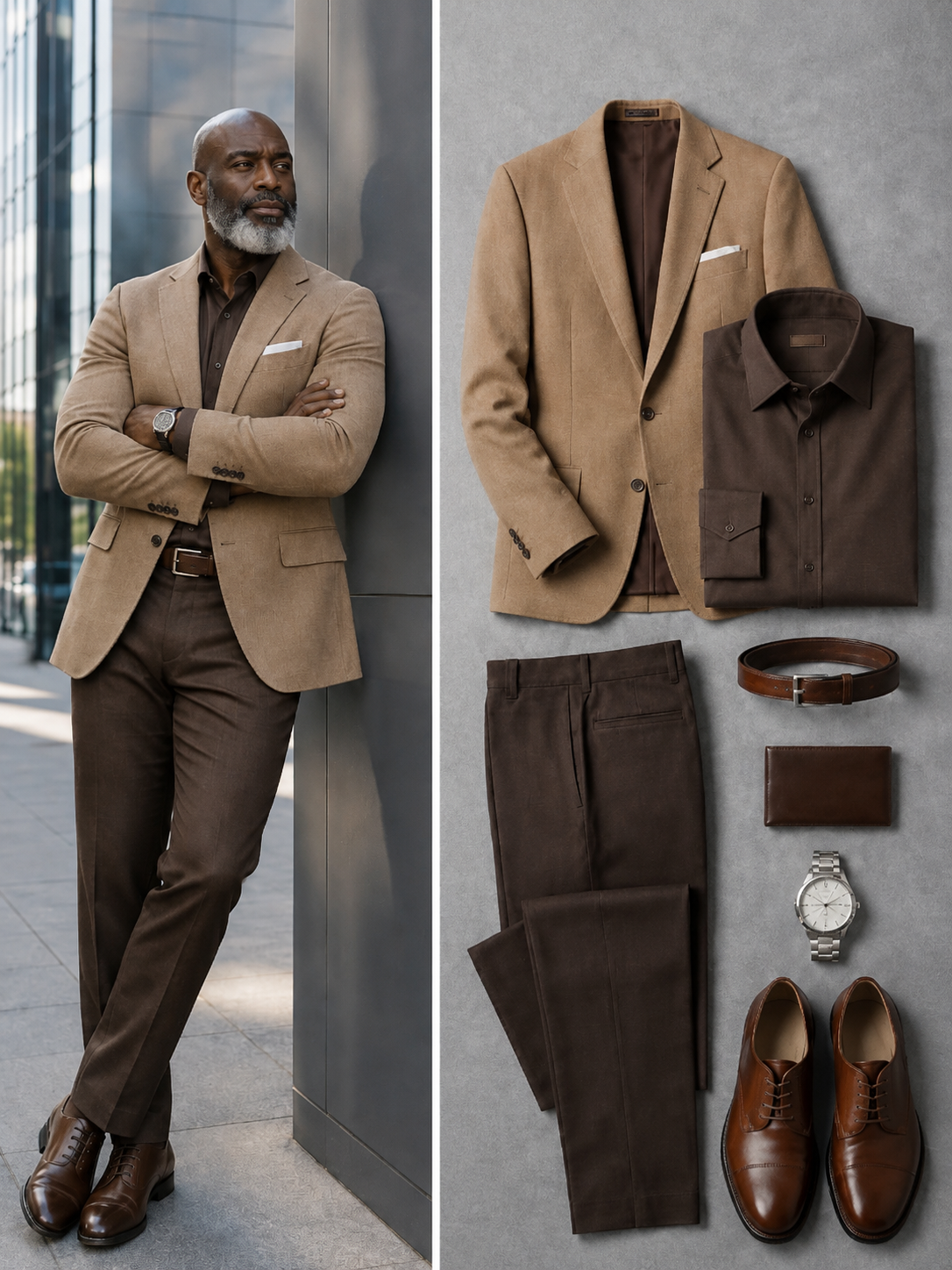 Men's Khaki‑Brown Blazer, Lapel Collar Shirt & Dark Brown Dress Pants 3‑Piece Matching Outfit Set