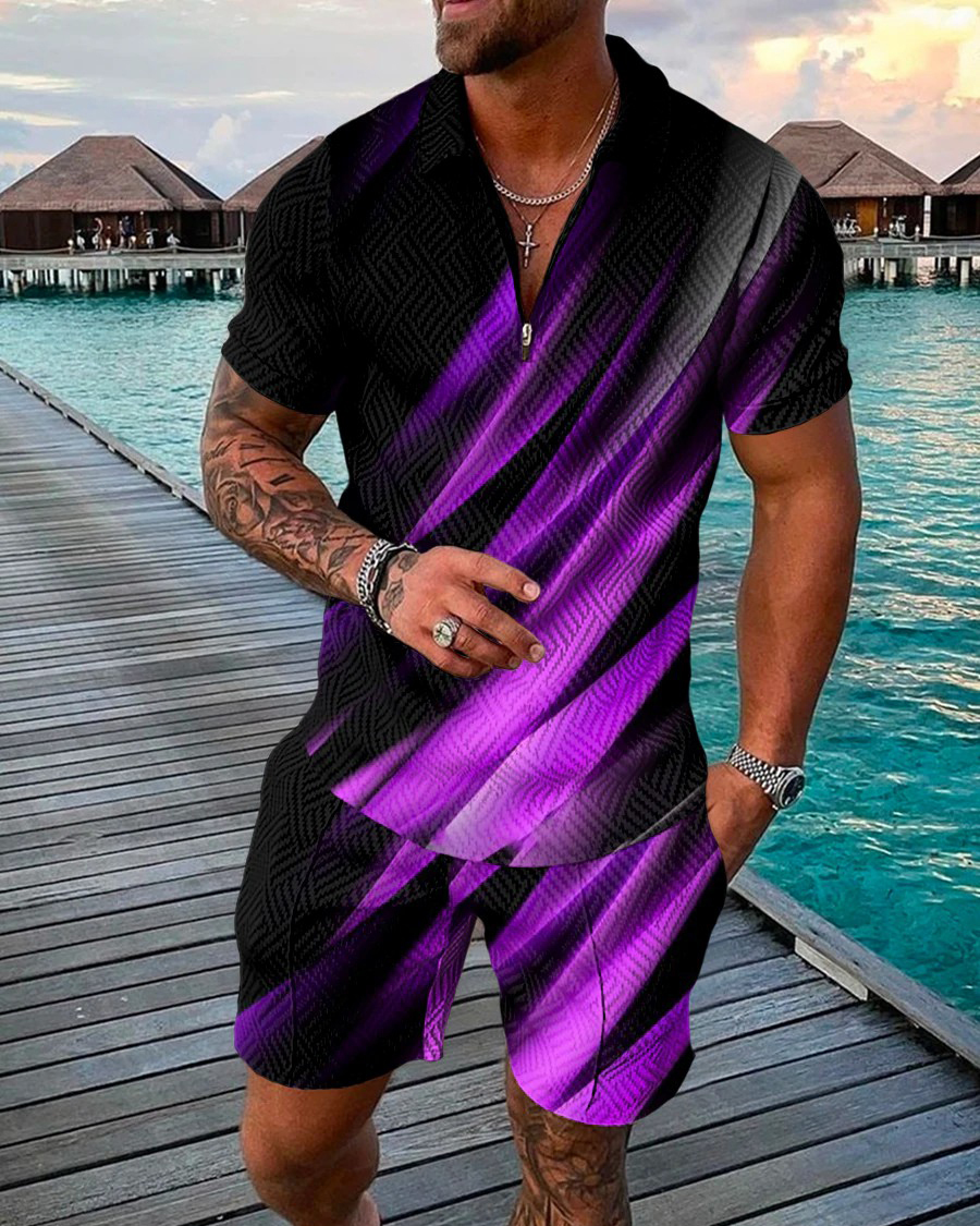 Men's Casual Colorblock Polo Shirt Two Piece